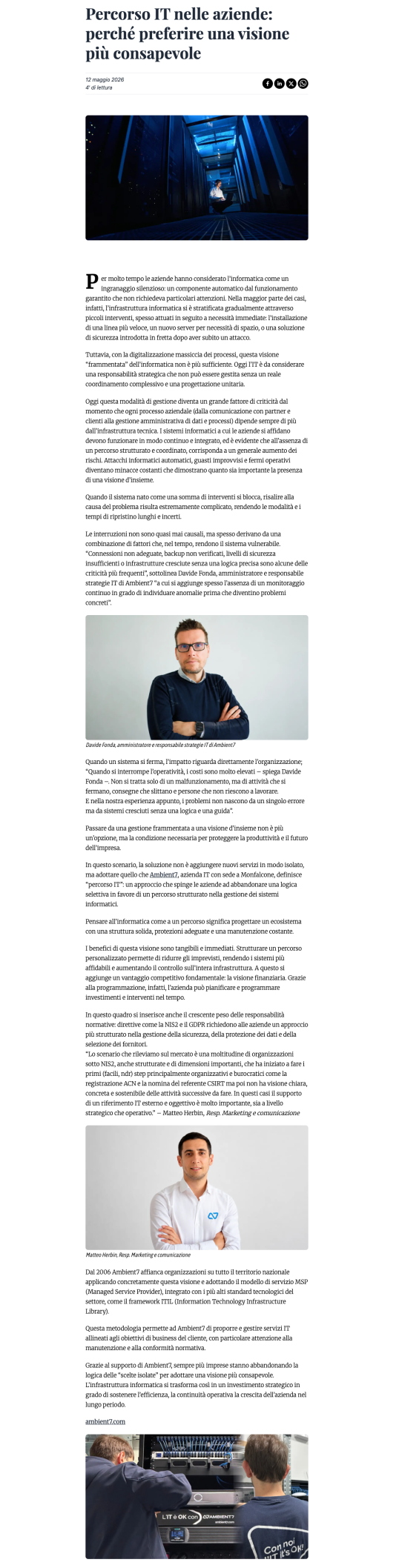 Il Piccolo parla di percorso IT nelle aziende - Rassegna stampa 12 maggio 2026